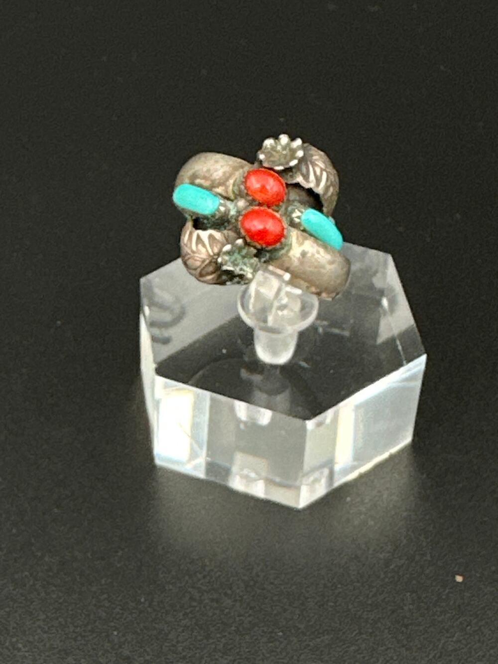 Vintage Navajo Sterling Silver Turquoise Coral Ring, Size 6, Petite